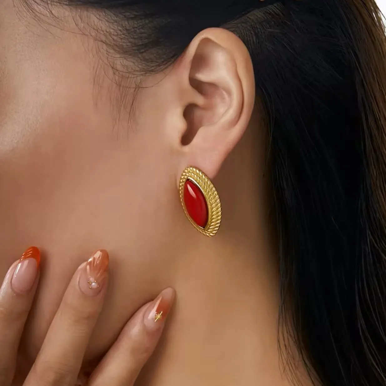 Oval Diamond Shape Red Stone 18k Gold Earrings