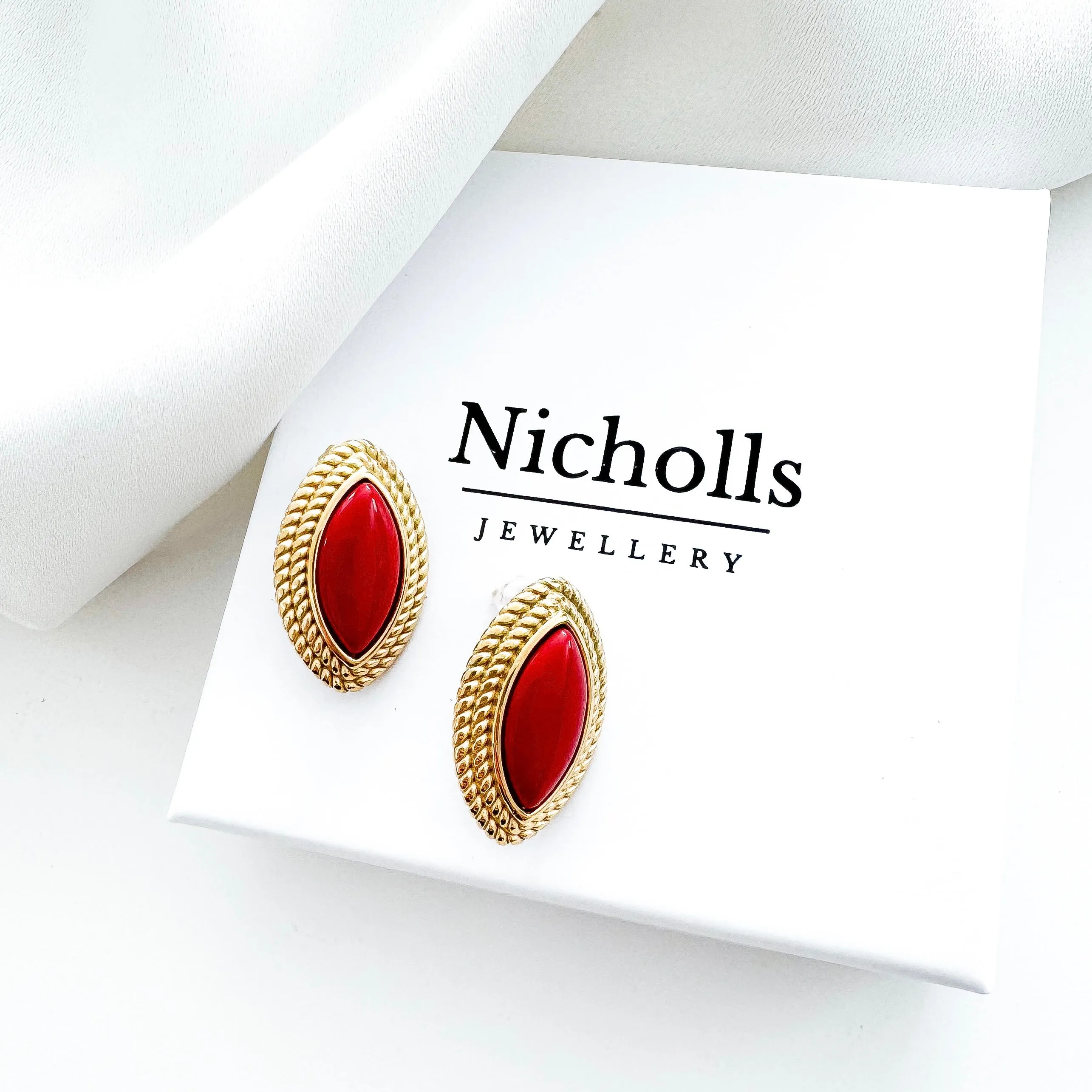 Oval Diamond Shape Red Stone 18k Gold Earrings