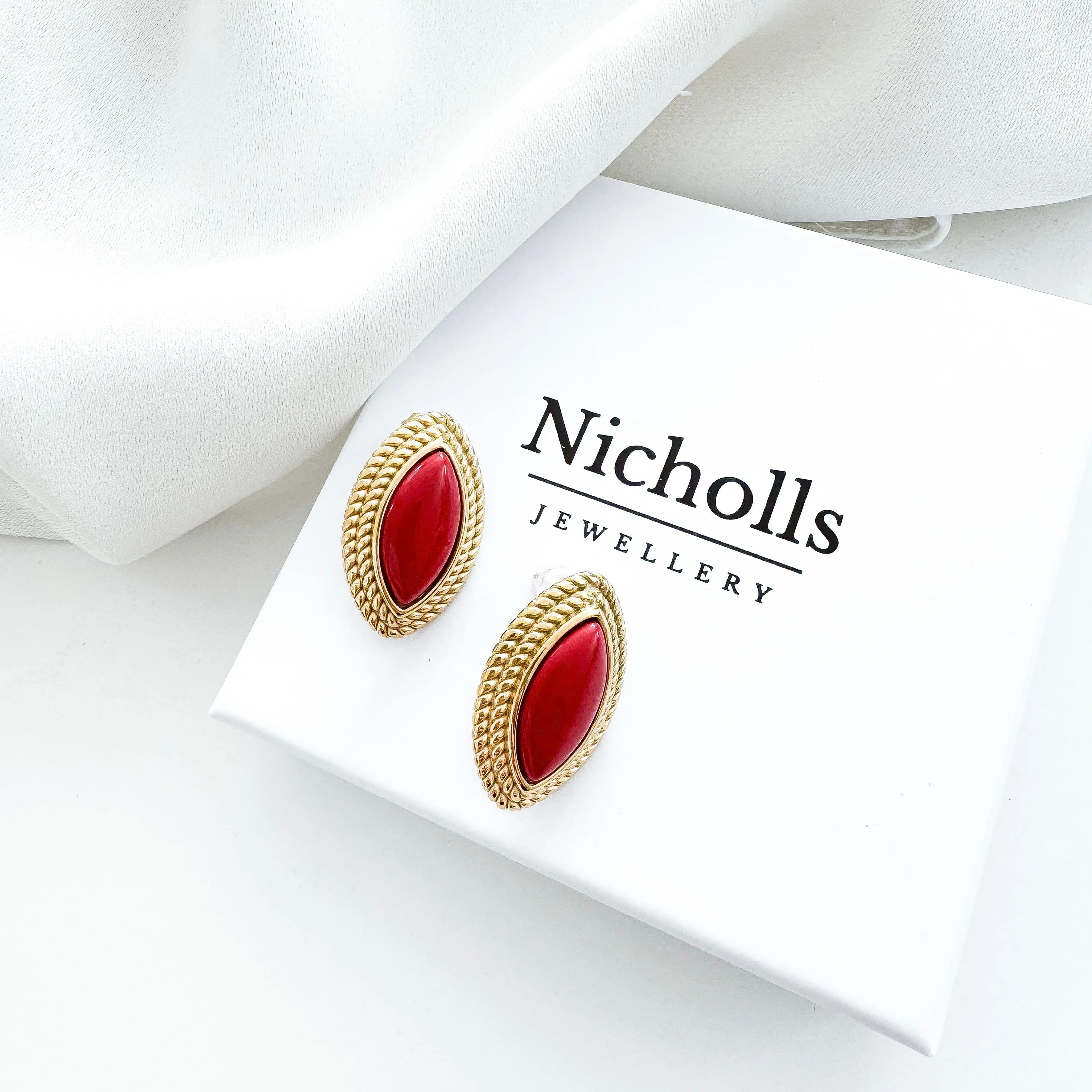 Oval Diamond Shape Red Stone 18k Gold Earrings