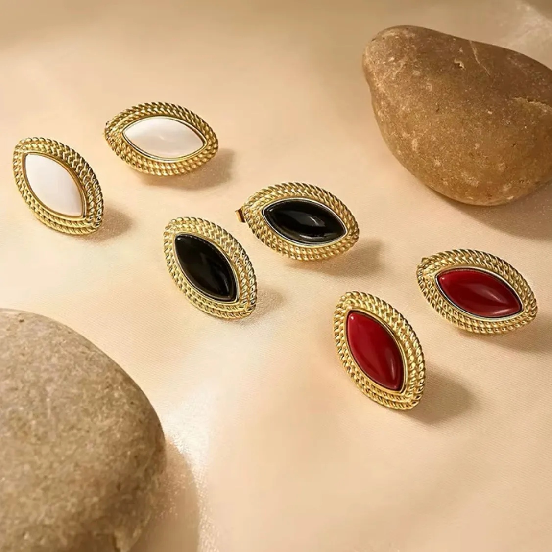 Oval Diamond Shape Red Stone 18k Gold Earrings