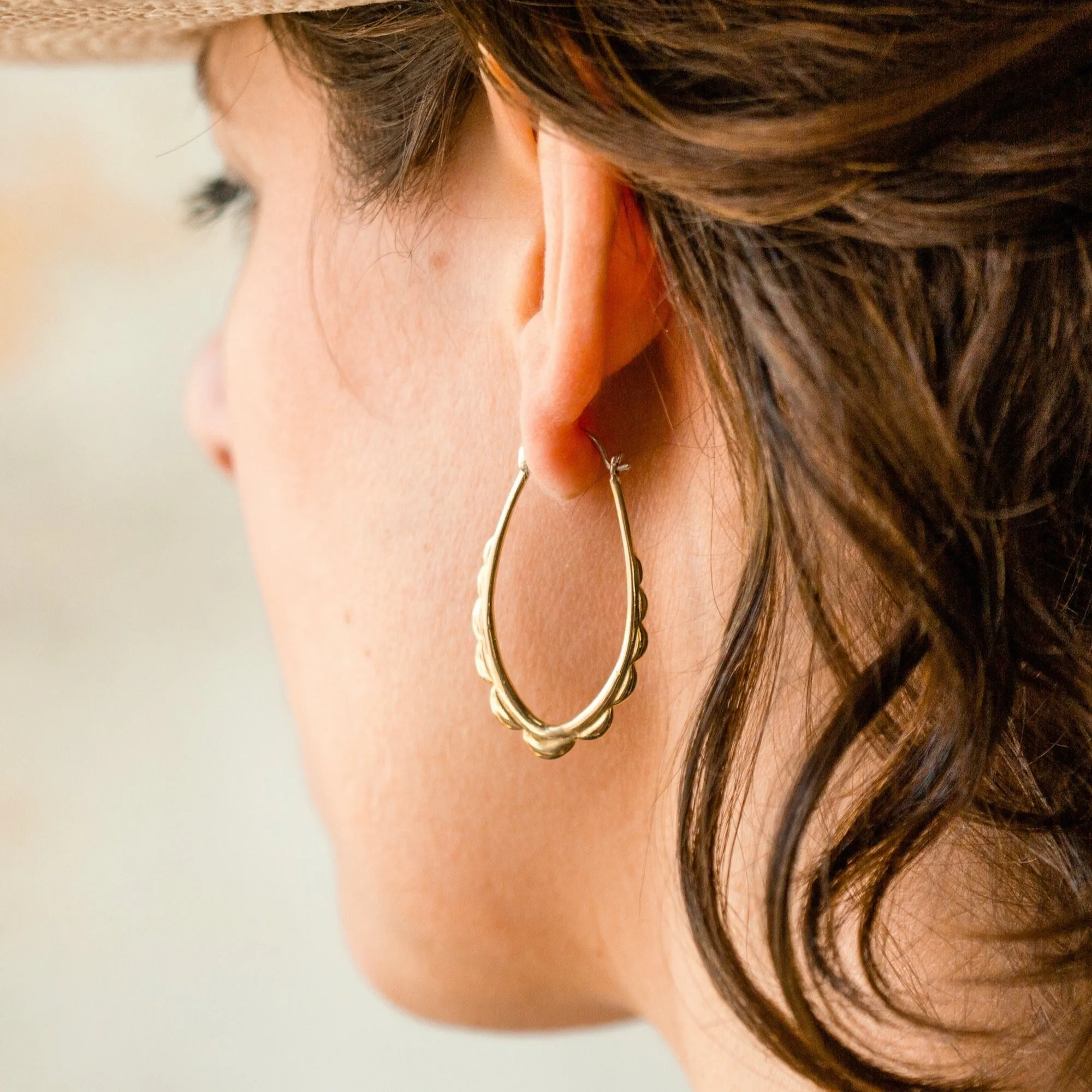 Oval Hoops - Gold-Tone Scalloped Hoop Earrings with solid sterling ear-wire - Everyday Earrings - Delicate Boho Hoops (114B)
