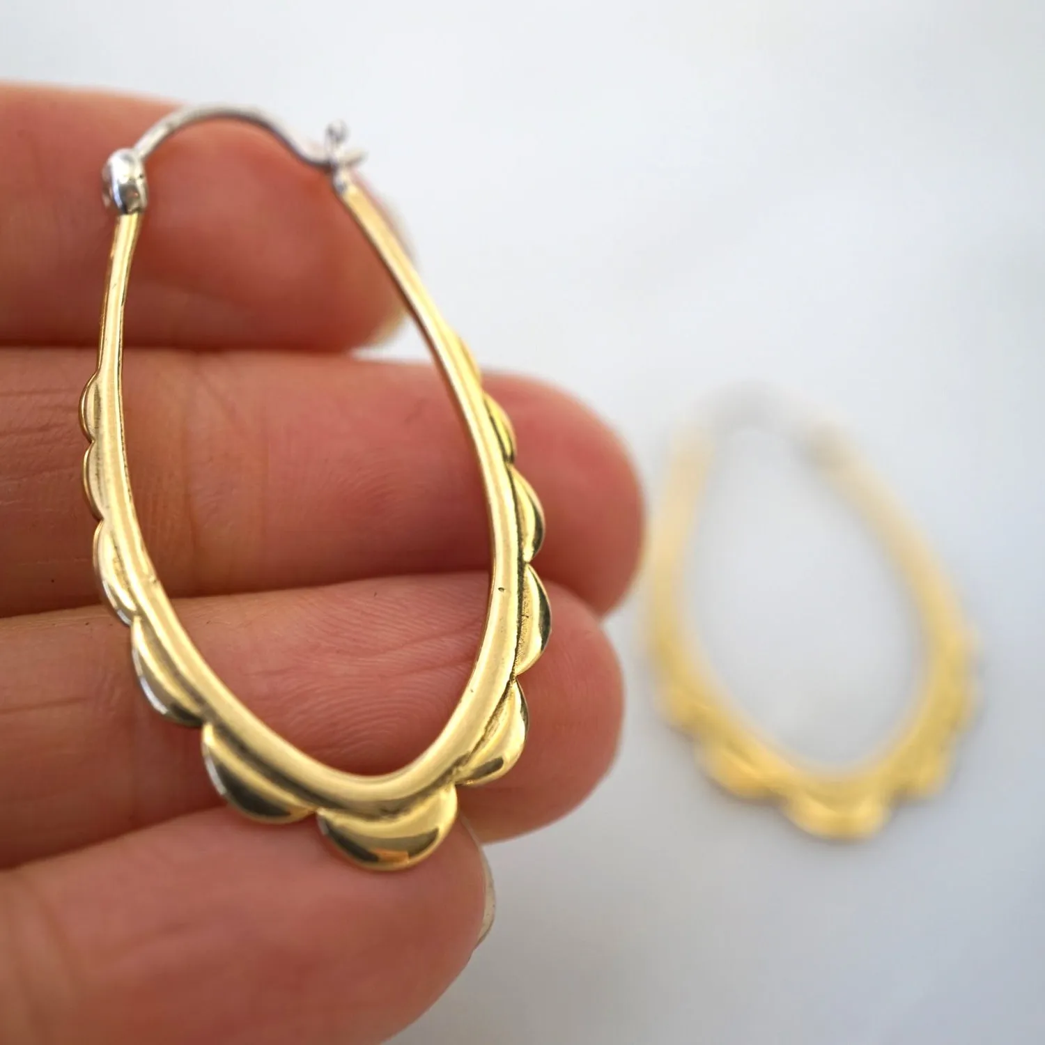 Oval Hoops - Gold-Tone Scalloped Hoop Earrings with solid sterling ear-wire - Everyday Earrings - Delicate Boho Hoops (114B)