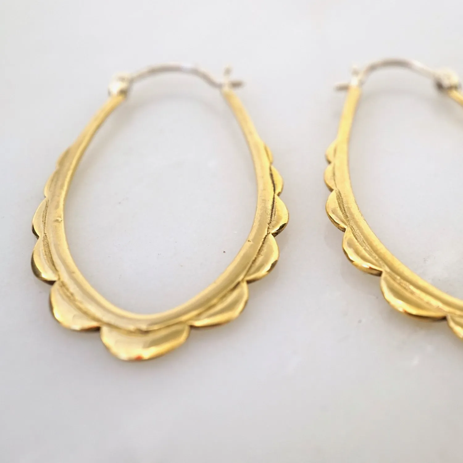 Oval Hoops - Gold-Tone Scalloped Hoop Earrings with solid sterling ear-wire - Everyday Earrings - Delicate Boho Hoops (114B)