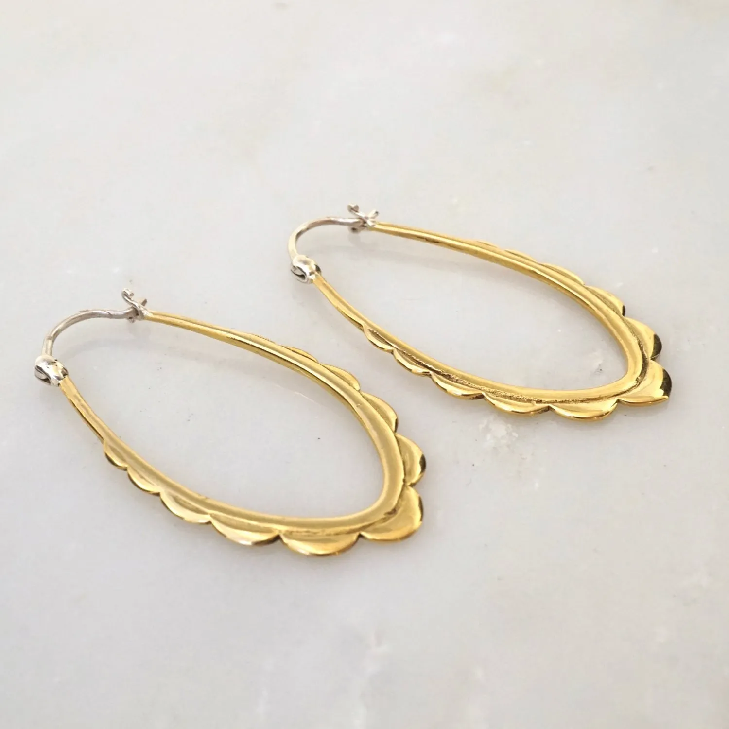 Oval Hoops - Gold-Tone Scalloped Hoop Earrings with solid sterling ear-wire - Everyday Earrings - Delicate Boho Hoops (114B)