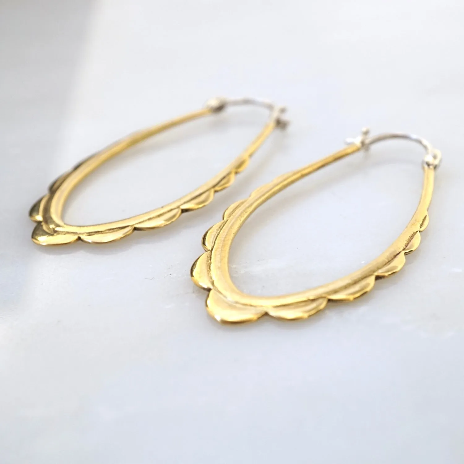 Oval Hoops - Gold-Tone Scalloped Hoop Earrings with solid sterling ear-wire - Everyday Earrings - Delicate Boho Hoops (114B)