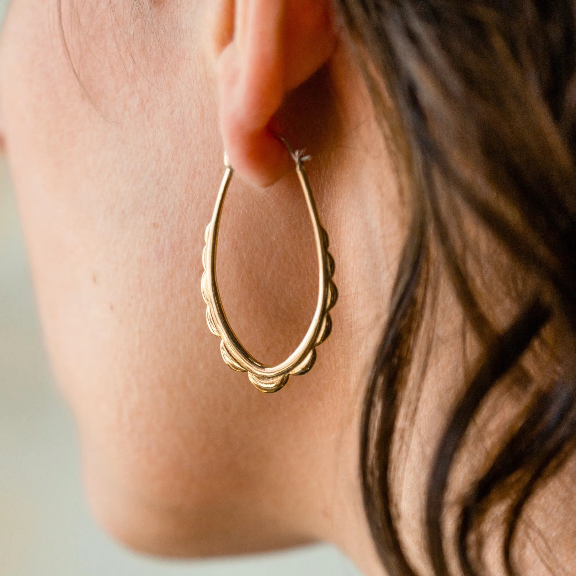 Oval Hoops - Gold-Tone Scalloped Hoop Earrings with solid sterling ear-wire - Everyday Earrings - Delicate Boho Hoops (114B)