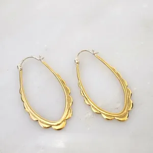 Oval Hoops - Gold-Tone Scalloped Hoop Earrings with solid sterling ear-wire - Everyday Earrings - Delicate Boho Hoops (114B)