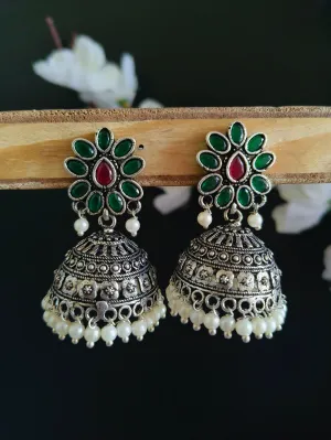 Oxidised Pearl & Stone Jhumka Earrings for Elegant Occasions | Sarichka