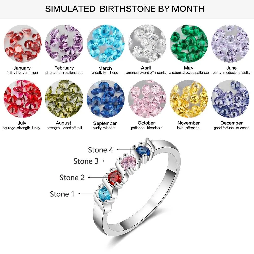 Personalized Four Silver Ring Custom Birthstones