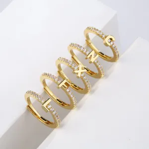 Rhinestone Adorned Personalized A-Z Initial Letter Adjustable Rings