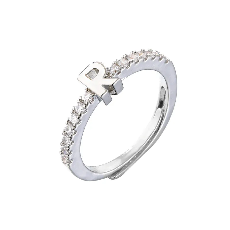 Rhinestone Adorned Personalized A-Z Initial Letter Adjustable Rings