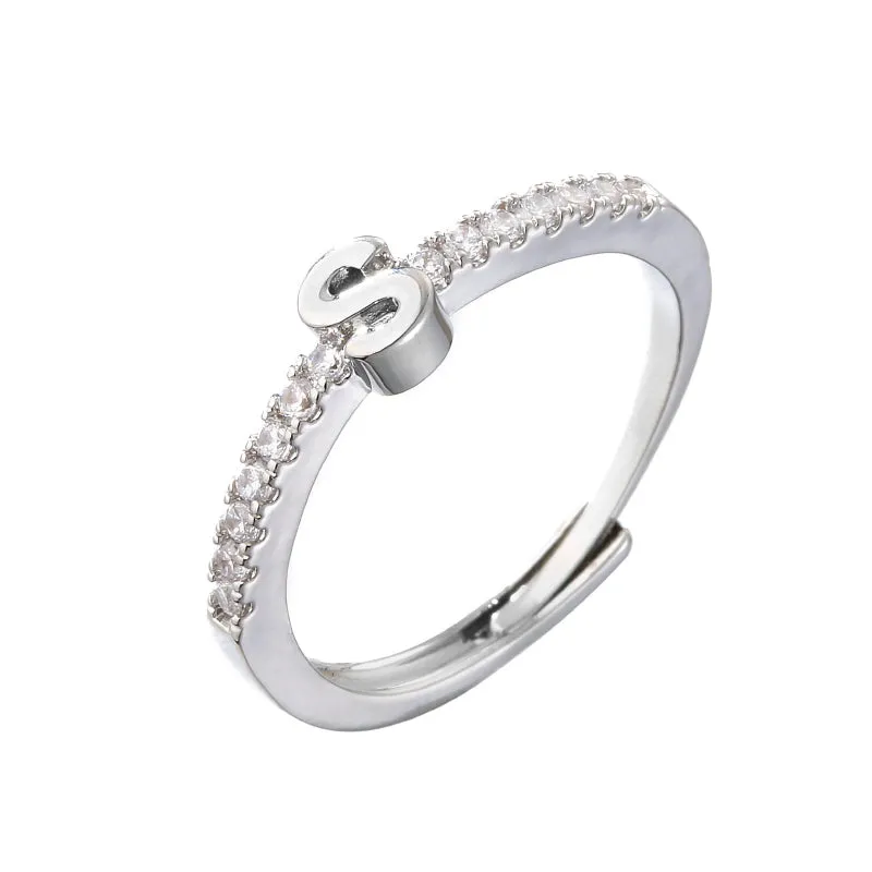 Rhinestone Adorned Personalized A-Z Initial Letter Adjustable Rings