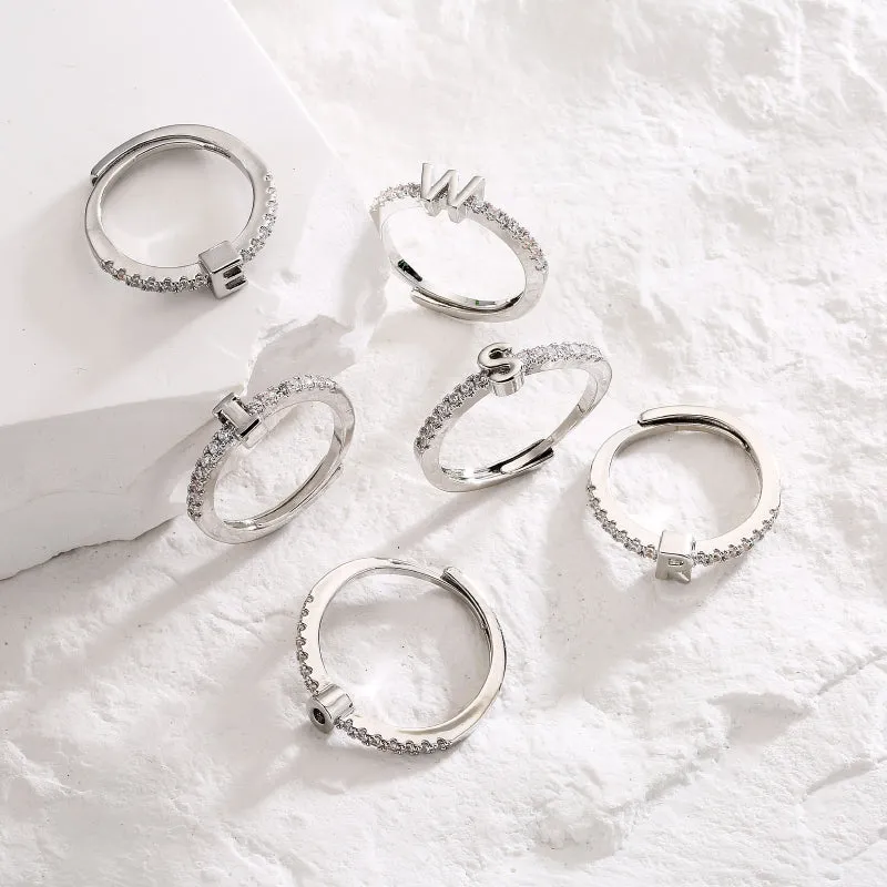Rhinestone Adorned Personalized A-Z Initial Letter Adjustable Rings