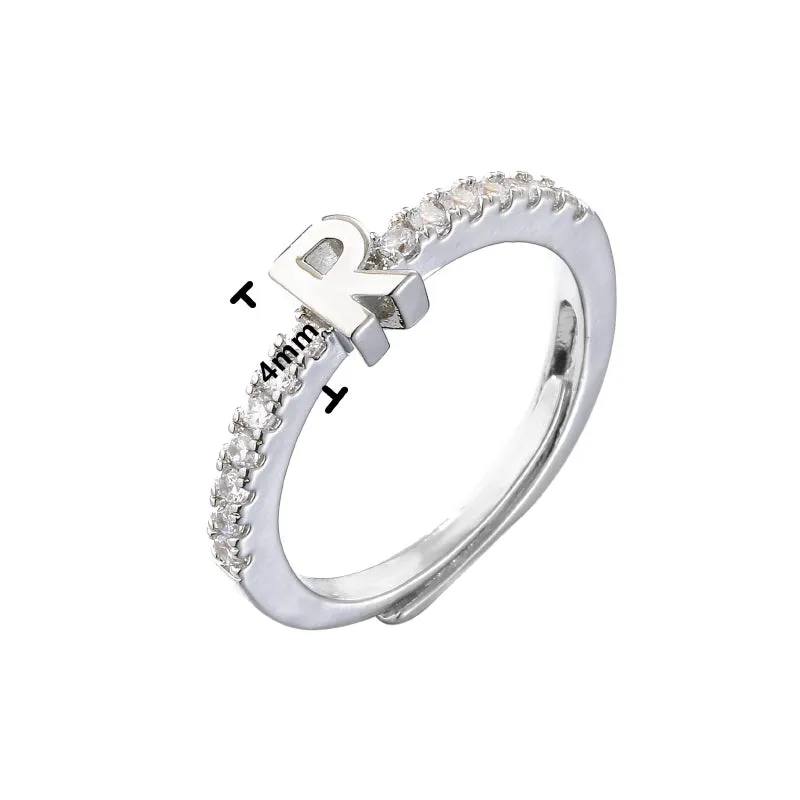 Rhinestone Adorned Personalized A-Z Initial Letter Adjustable Rings