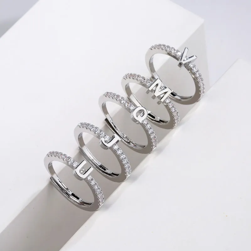 Rhinestone Adorned Personalized A-Z Initial Letter Adjustable Rings