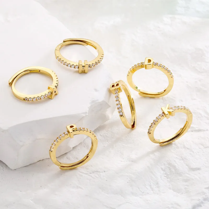 Rhinestone Adorned Personalized A-Z Initial Letter Adjustable Rings