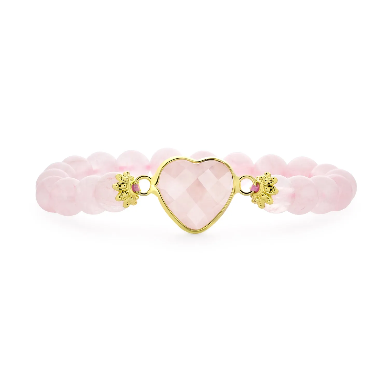 Romantic Handmade Rose Quartz Gemstone Stacking Stretch Bracelet with Heart Charm