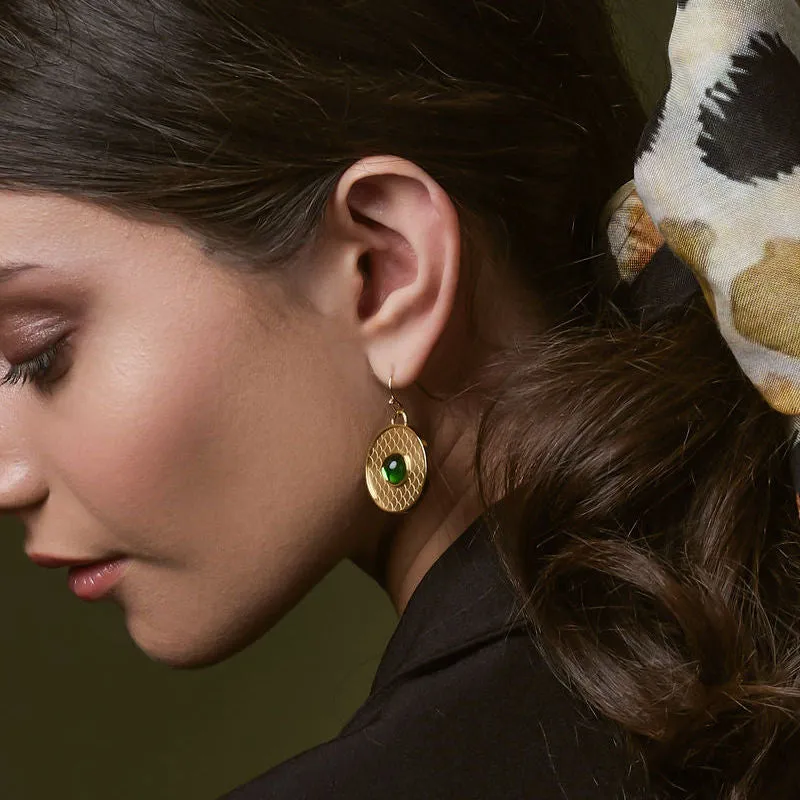 Salamander Cabochon Emerald & Gold Earrings