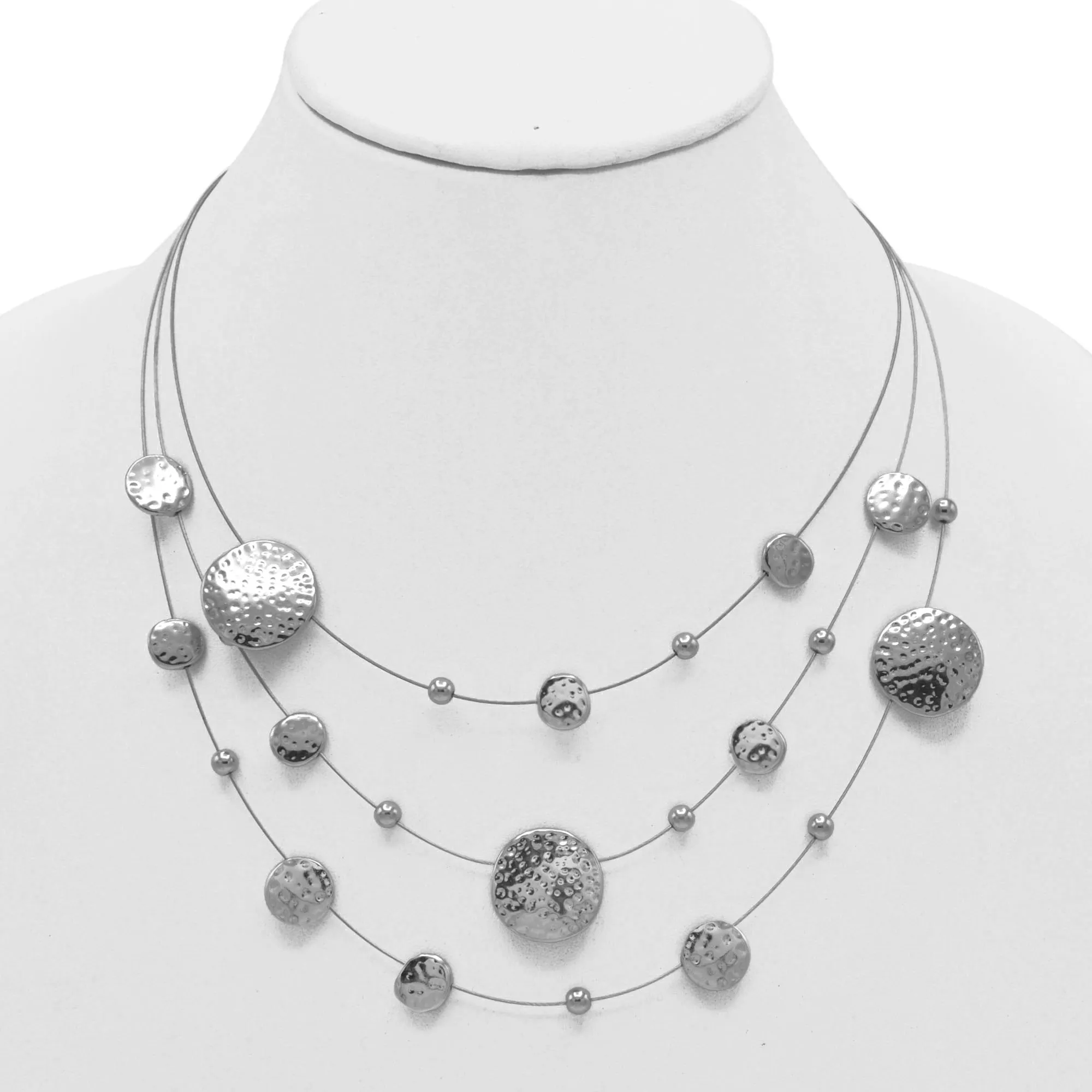 Silver 3 row Rhodium wire with hammered round disc necklace and earrings set #HNN E87862RD (JC7/TD11)