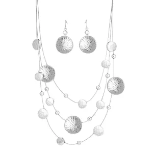 Silver 3 row Rhodium wire with hammered round disc necklace and earrings set #HNN E87862RD (JC7/TD11)