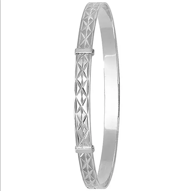 Silver Ladies Round Diamond Cut Design Expandable Bangle | Shop Online Sarraf Jewellers UK