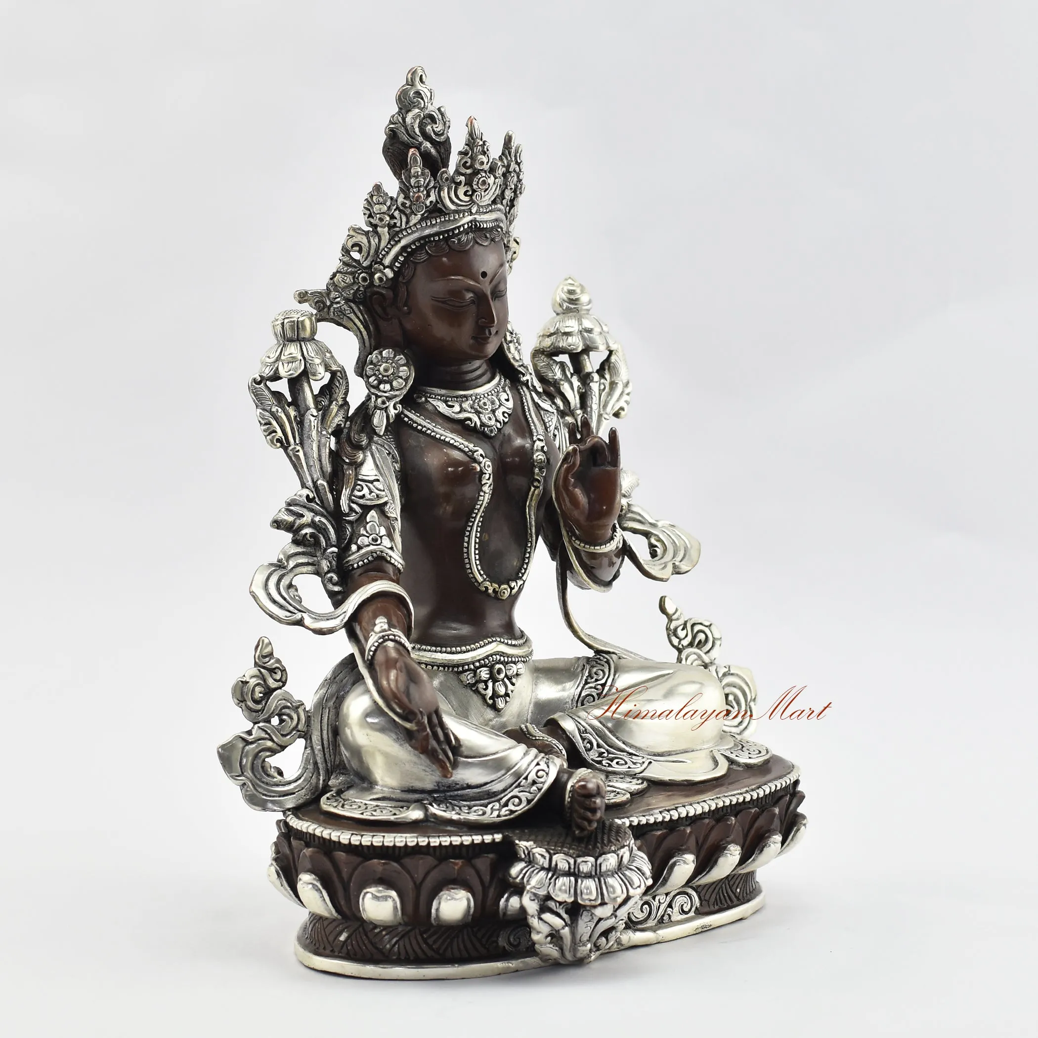 Silver Plated Green Tara Statue in Oxidation Finish
