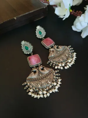 Silver Plated Long Dangler Earrings with Monalisa Stone & Pearls | Sarichka