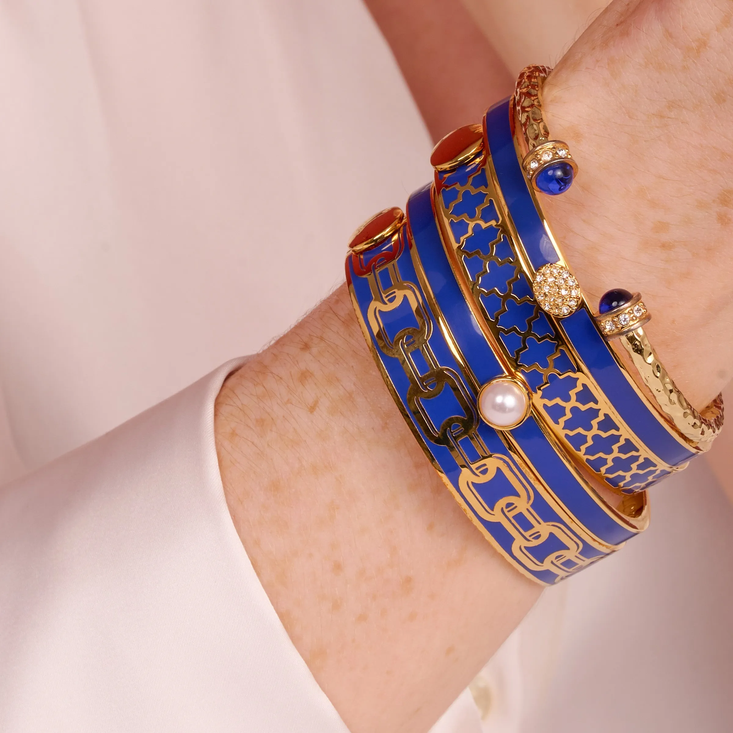 Skinny Pave Button Cobalt & Gold Bangle