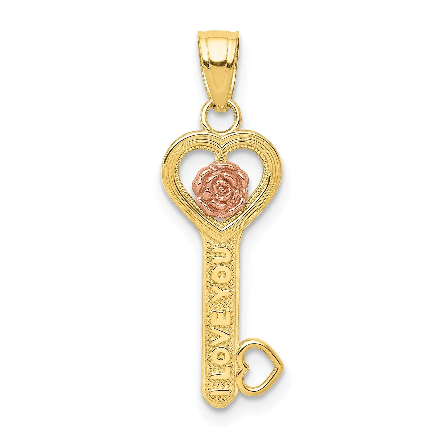 Solid 10K Two Tone Gold I Love You Key Pendant