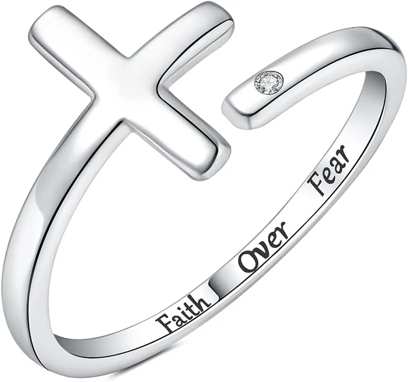 Sterling Silver Cross Rings for Women - Faith Inspirational Adjustable Rings Jewelry Gifts for Christian
