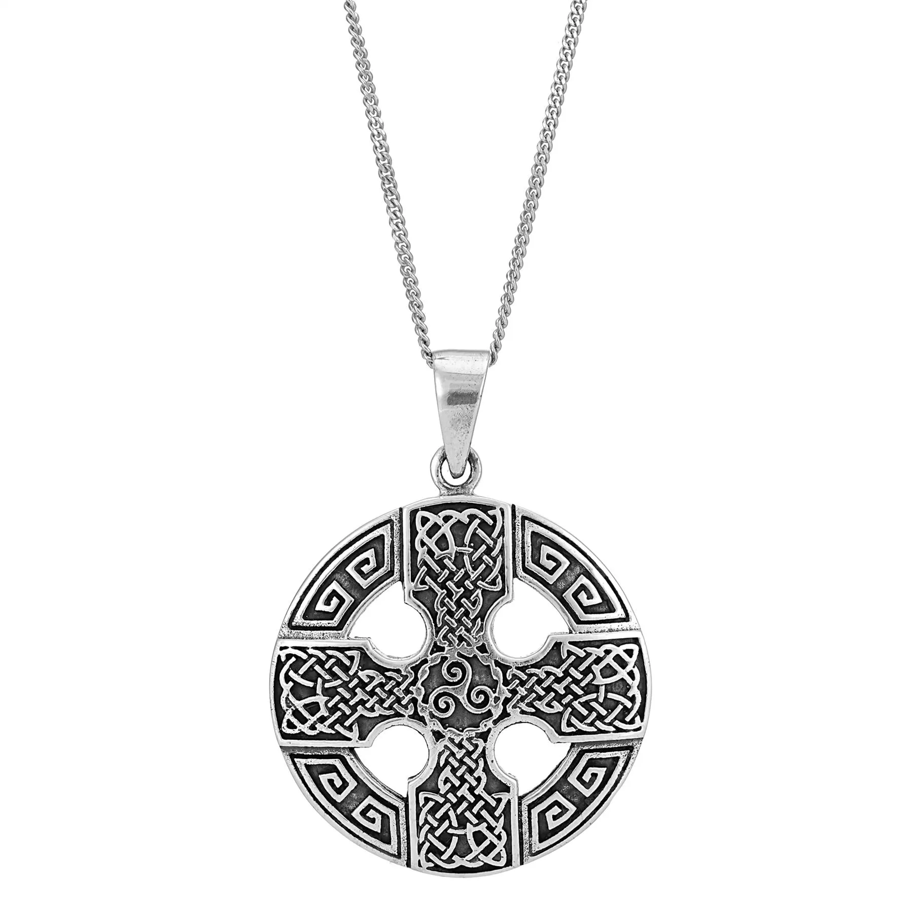 Sterling Silver Large Celtic Wheel Cross Pendant - Medallion Necklace