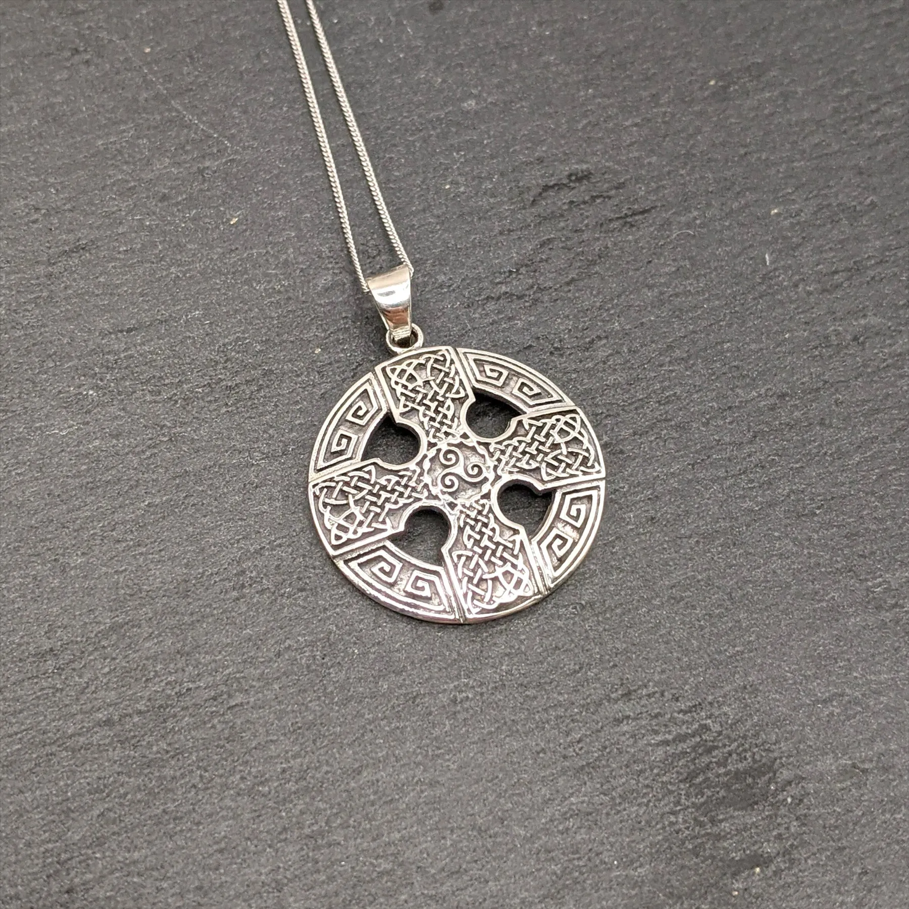 Sterling Silver Large Celtic Wheel Cross Pendant - Medallion Necklace