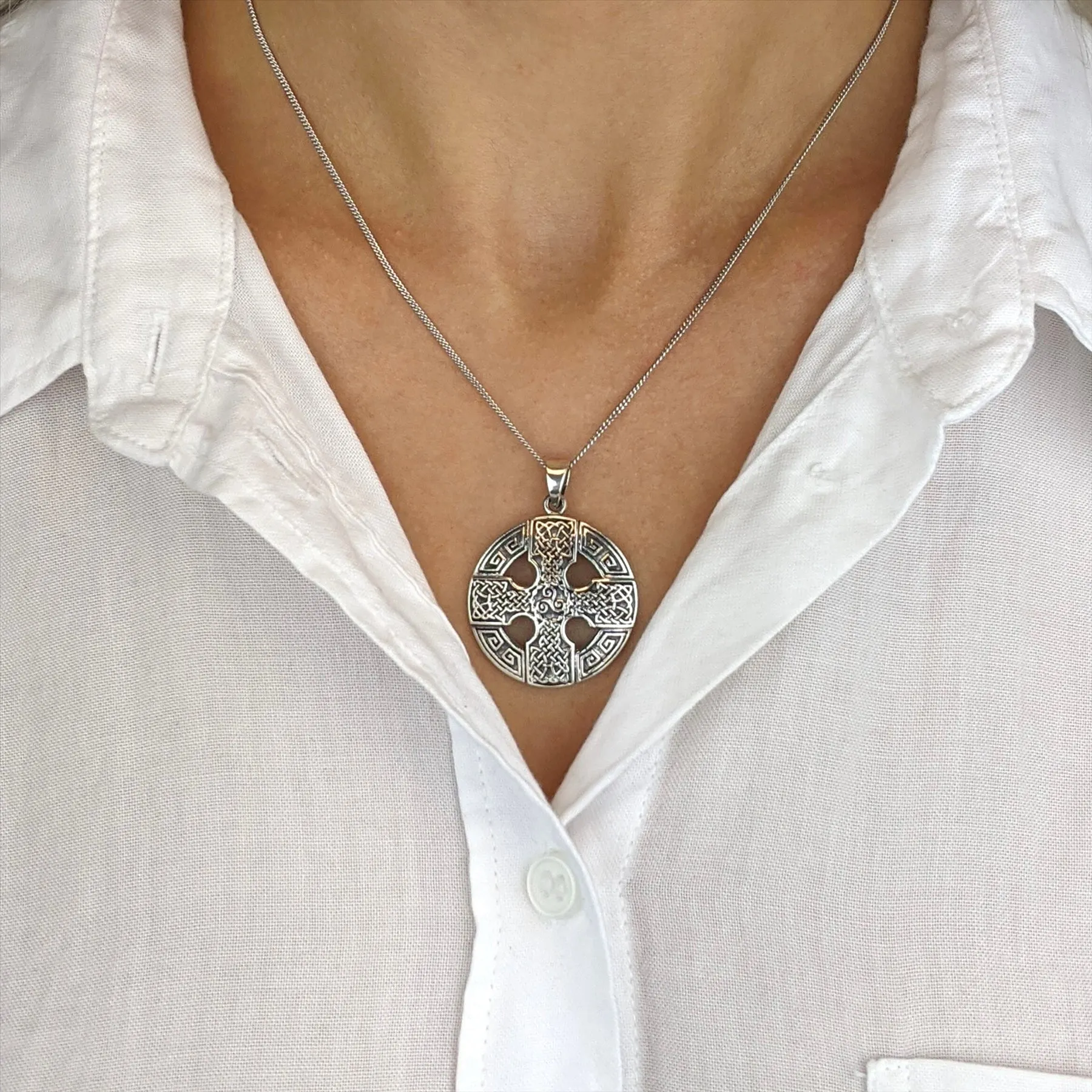 Sterling Silver Large Celtic Wheel Cross Pendant - Medallion Necklace