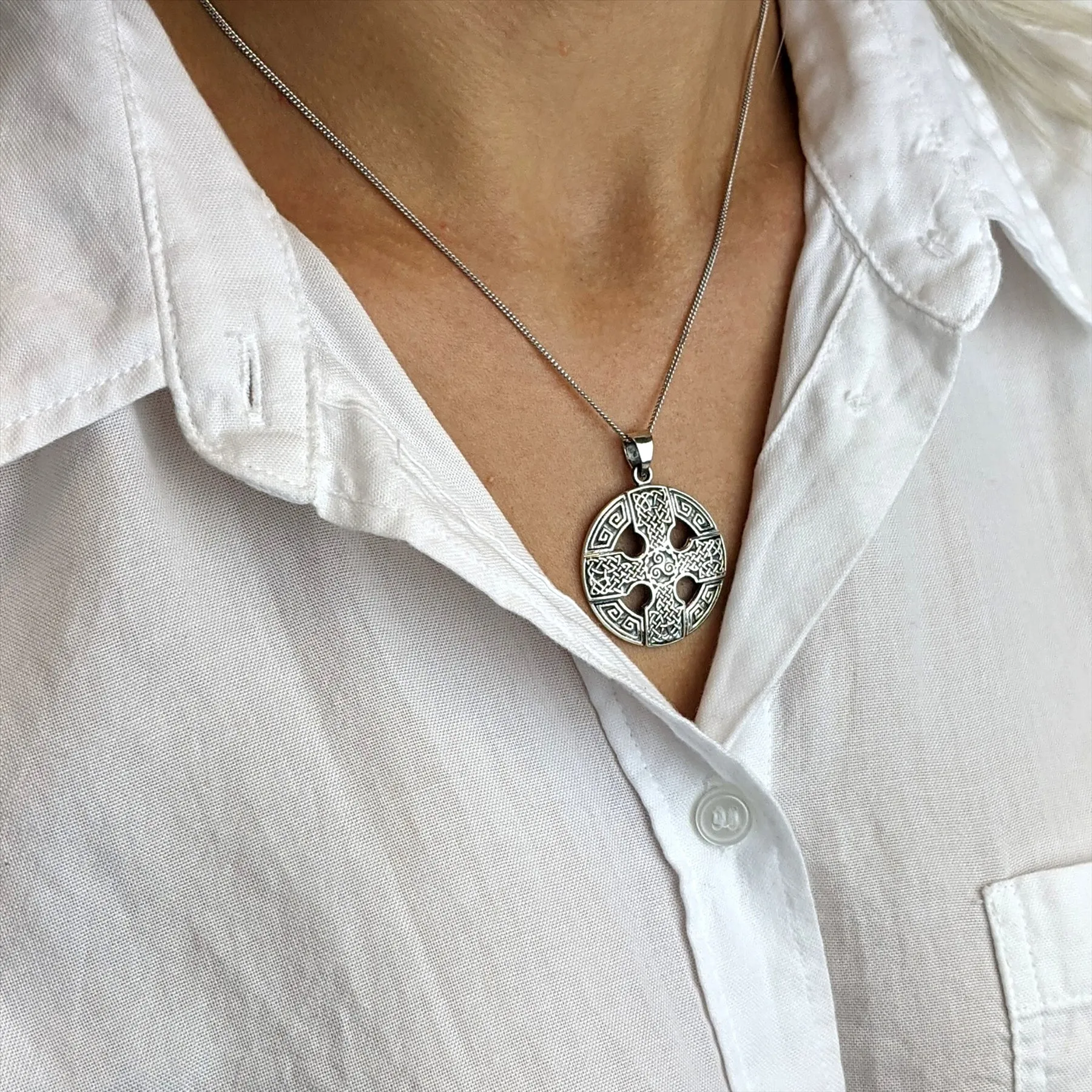 Sterling Silver Large Celtic Wheel Cross Pendant - Medallion Necklace