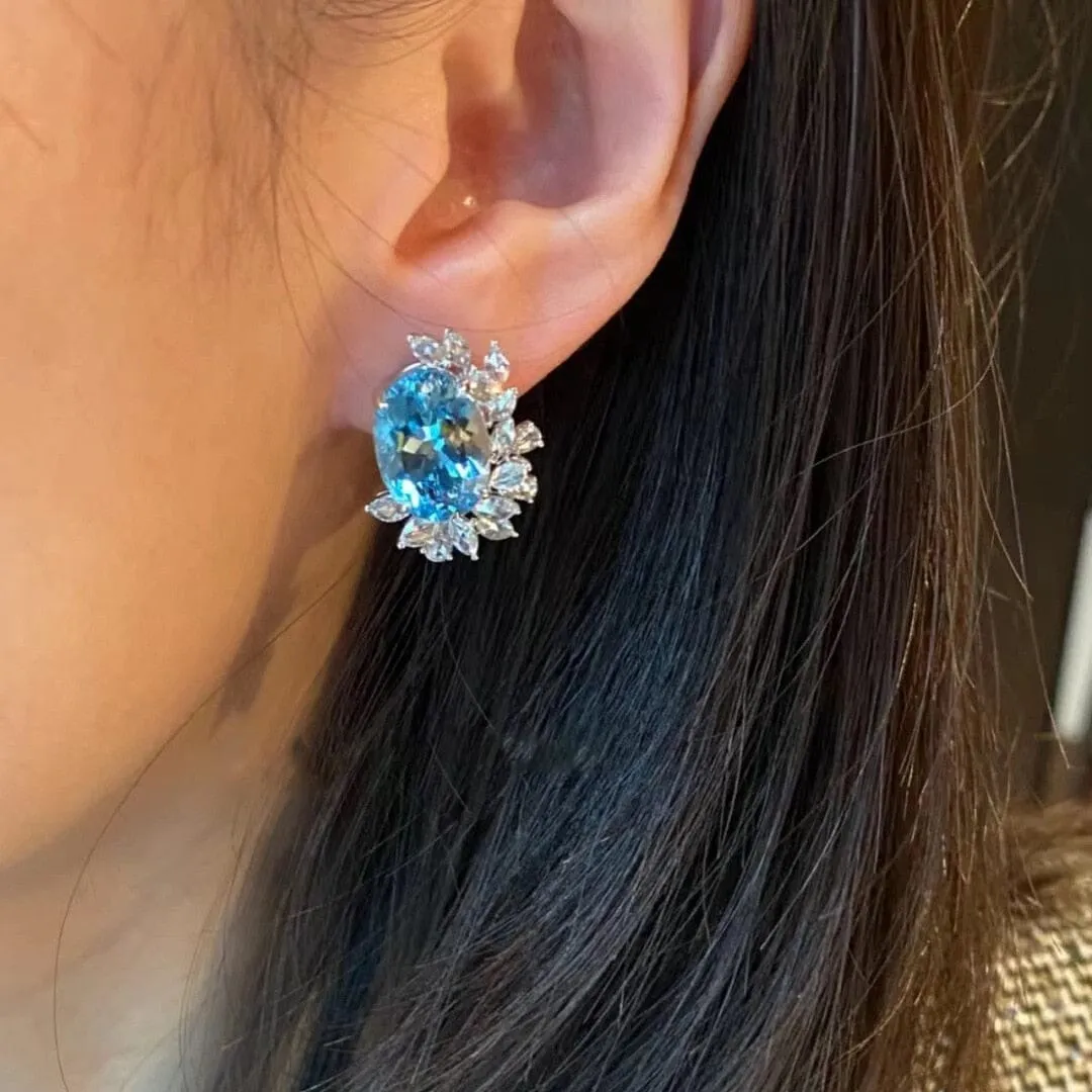 Swan Tail Blue Topaz Crystal Stud Earrings