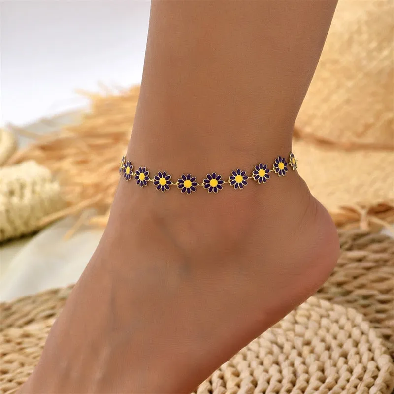 Sweet Daisy Flower Anklets for Women Beach Starfish Seashell Beads Anklet Leg Bracelet Bohemian Foot Chain Sandals Jewelry Gifts