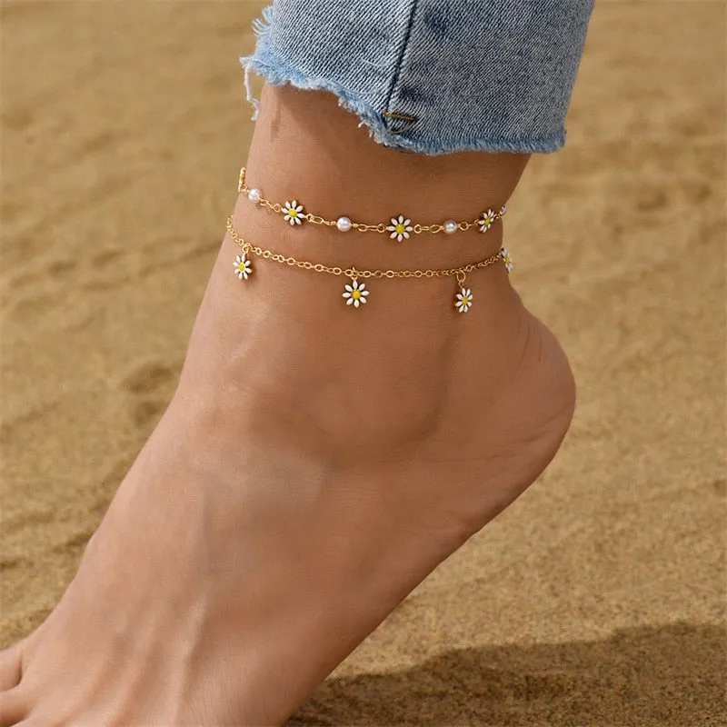 Sweet Daisy Flower Anklets for Women Beach Starfish Seashell Beads Anklet Leg Bracelet Bohemian Foot Chain Sandals Jewelry Gifts