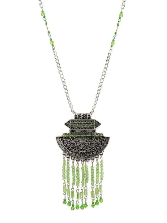 TOKYO TALKIES X Rubans Oxidized Silver Green Crystal Tassel Necklace