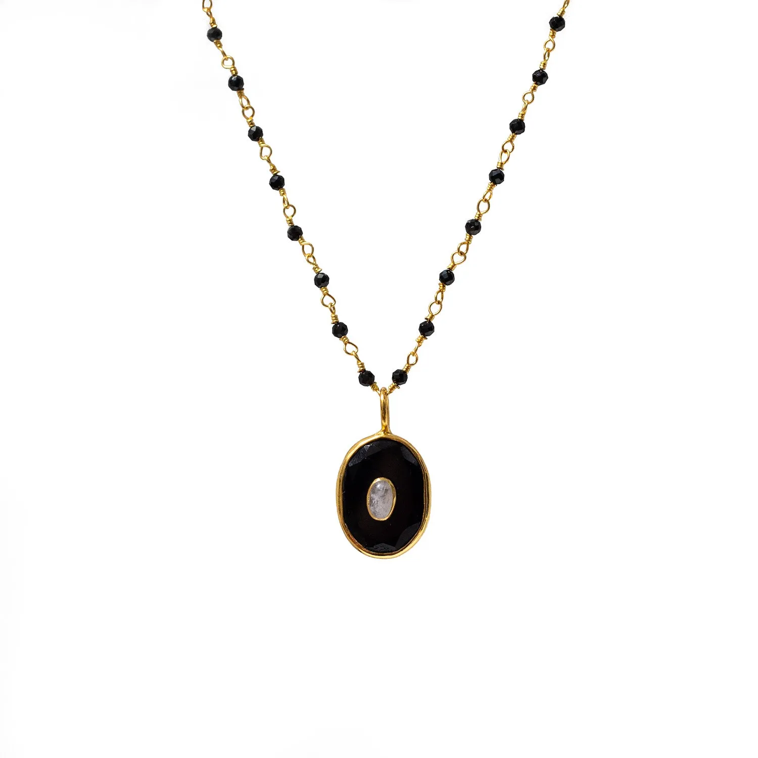 Victoria Pendant With Black Onyx & Rainbow Moonstone On Long Black Onyx Rosary