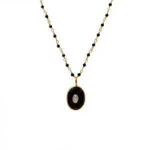 Victoria Pendant With Black Onyx & Rainbow Moonstone On Long Black Onyx Rosary