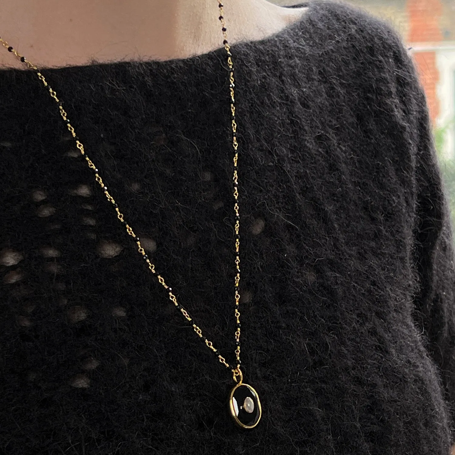 Victoria Pendant With Black Onyx & Rainbow Moonstone On Long Black Onyx Rosary