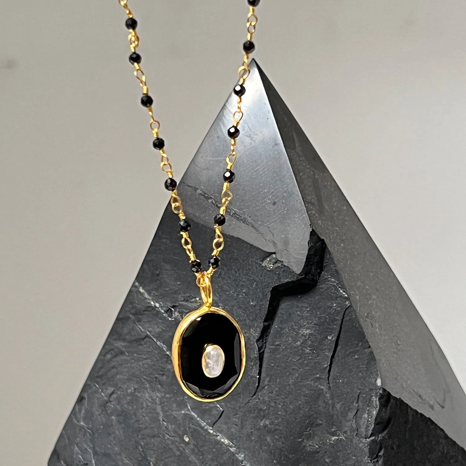 Victoria Pendant With Black Onyx & Rainbow Moonstone On Long Black Onyx Rosary
