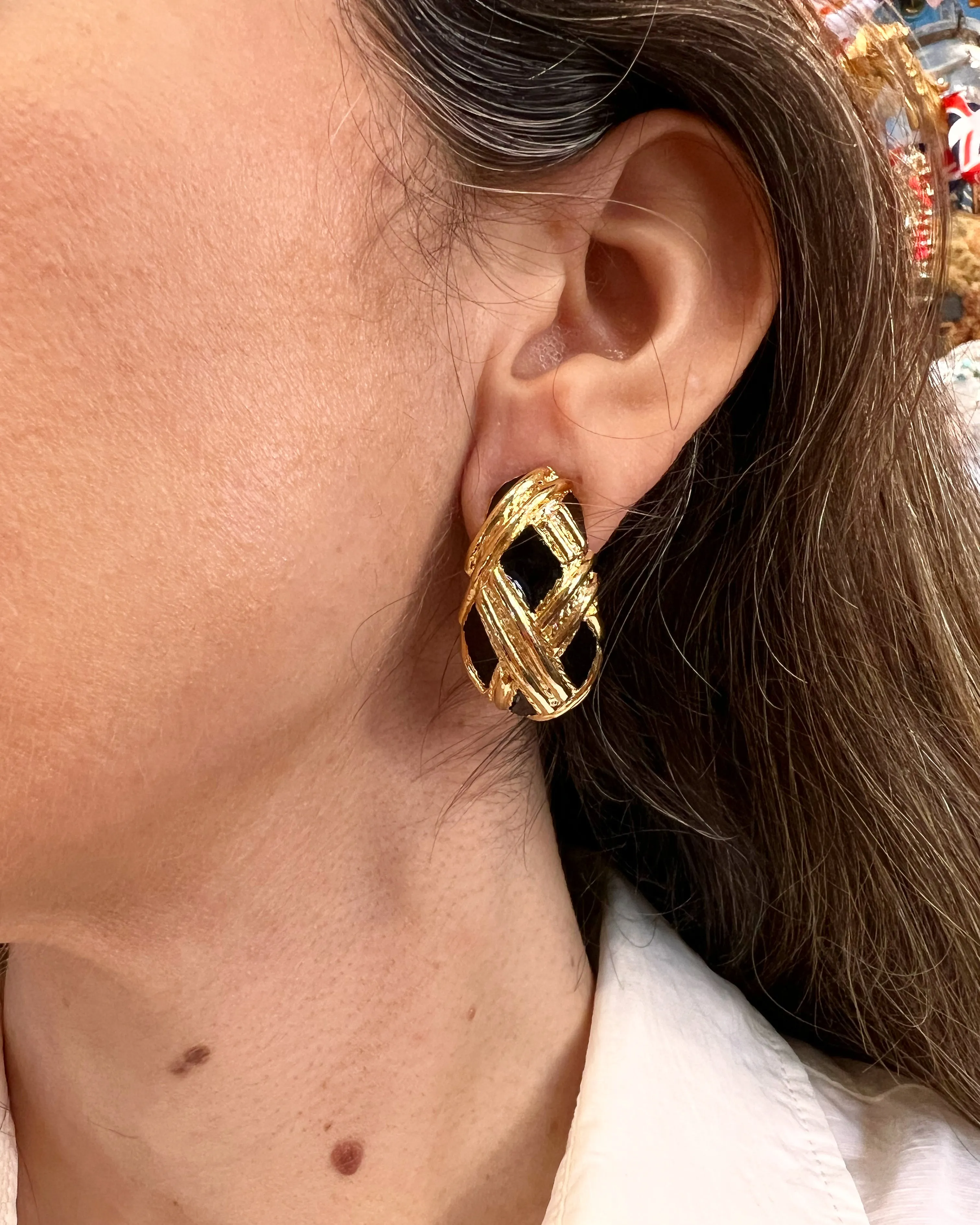 Vintage Black Enamel Gold Plated  Half Hoop Clip on Earrings