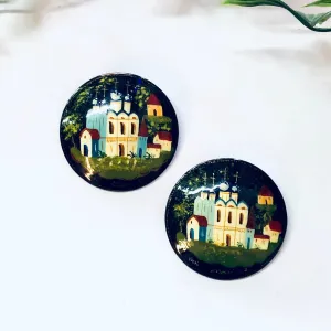 Vintage Brooch, Russian Lacquer Pin, Hand Painted Brooch, Vintage Pin, Religious Jewelry, Black Pin, Church Pin, Colorful Jewelry, Blue Pin