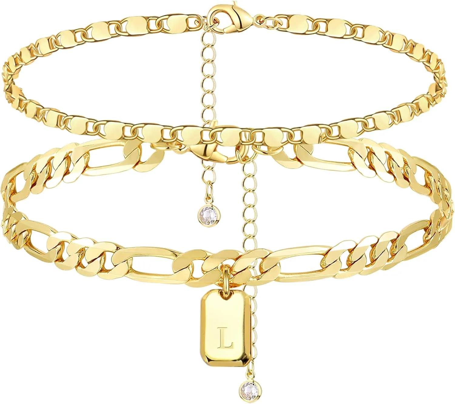 YANODA Initial Ankle Bracelets for Women, 14K Gold Plated Dainty Layered Figaro Chain Letter Initial Ankle Bracelets Set Trendy Personalized Name Tag Anklet Summer Beach Jewelry for Women