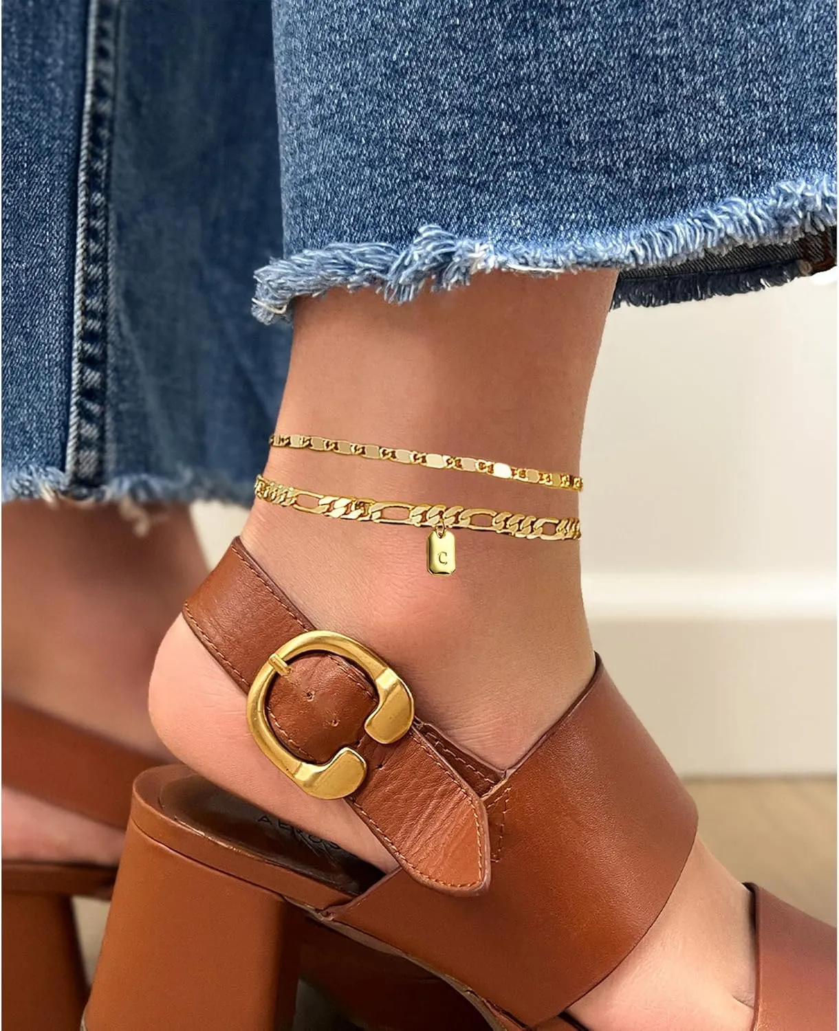 YANODA Initial Ankle Bracelets for Women, 14K Gold Plated Dainty Layered Figaro Chain Letter Initial Ankle Bracelets Set Trendy Personalized Name Tag Anklet Summer Beach Jewelry for Women