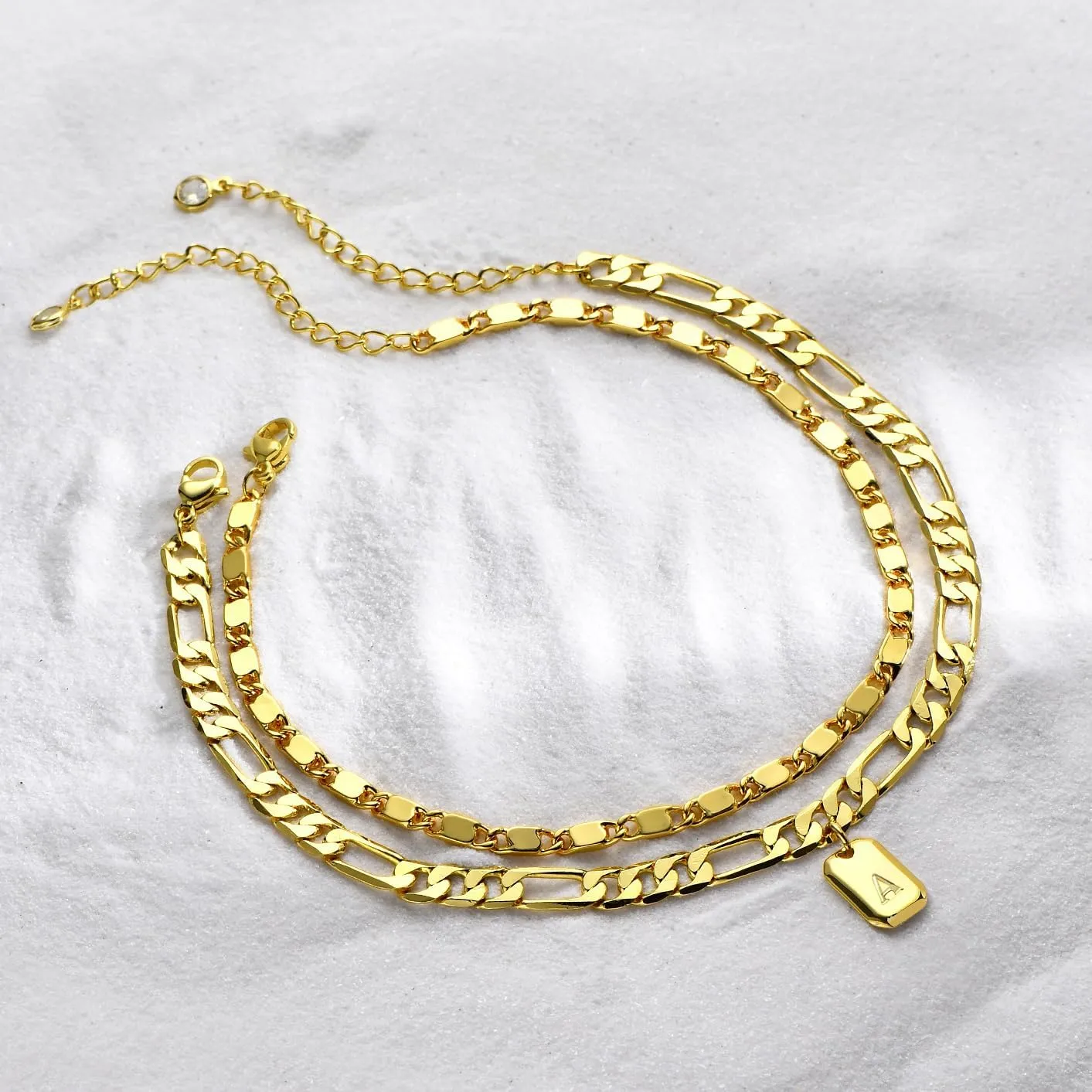 YANODA Initial Ankle Bracelets for Women, 14K Gold Plated Dainty Layered Figaro Chain Letter Initial Ankle Bracelets Set Trendy Personalized Name Tag Anklet Summer Beach Jewelry for Women