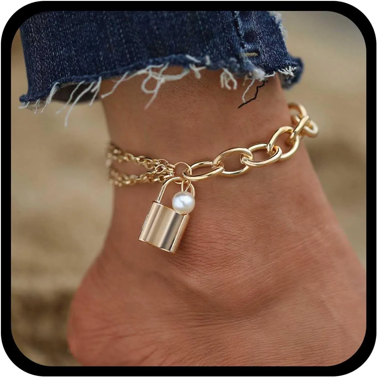 YienDoo Boho Lock Pearl Drop Anklet Bracelets Gold Cuban Ankle Chain Chunky Curb Chain Anklets Statement Lock Anklet Summer Beach Foot Chain Jewelry for Women