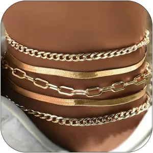 ZMANYIJEW Gold Ankle Bracelets for Women Gold Plated Anklets Layered Cuban Link Chain Herringbone Rhinestone Exquisite Ankle Set Summer Beach Jewelry Gift for Women
